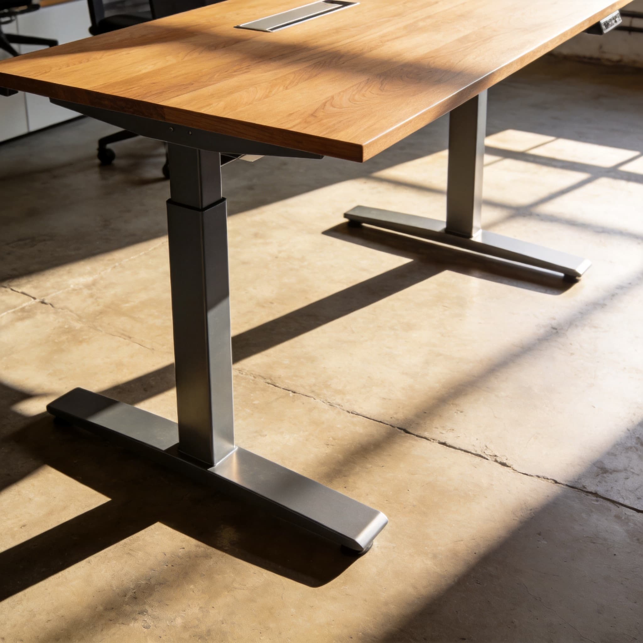 Sit-stand workstation with oak desktop and steel legs