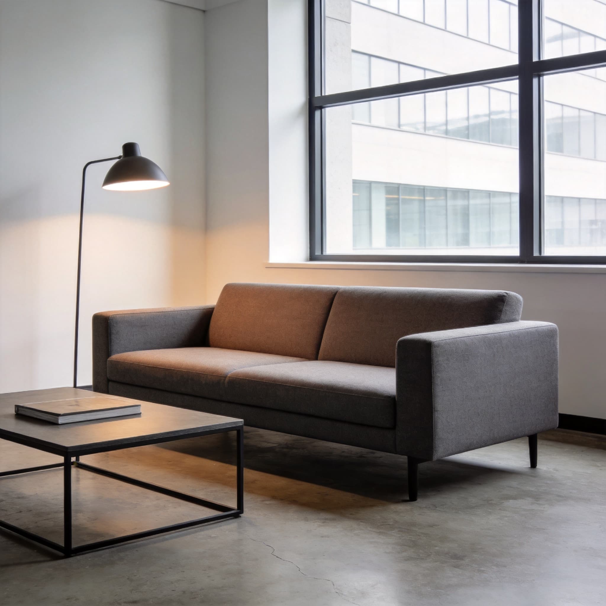 Office lounge area with minimalist fabric sofa