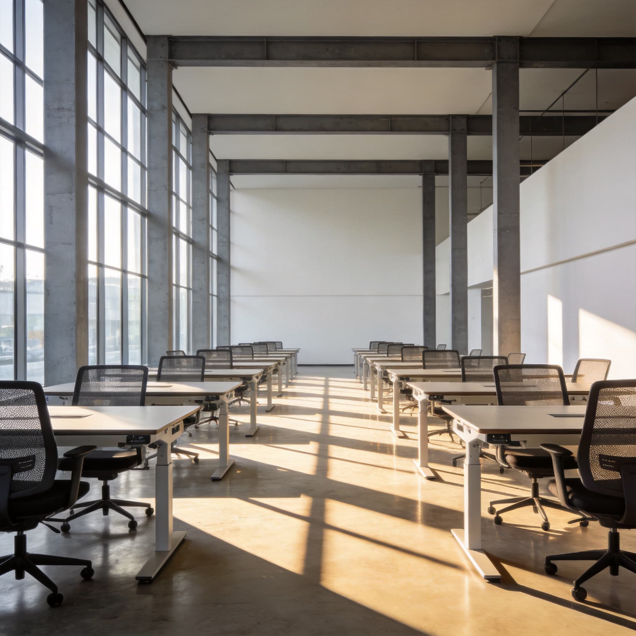 Wenyi showroom — height-adjustable workstations in morning light