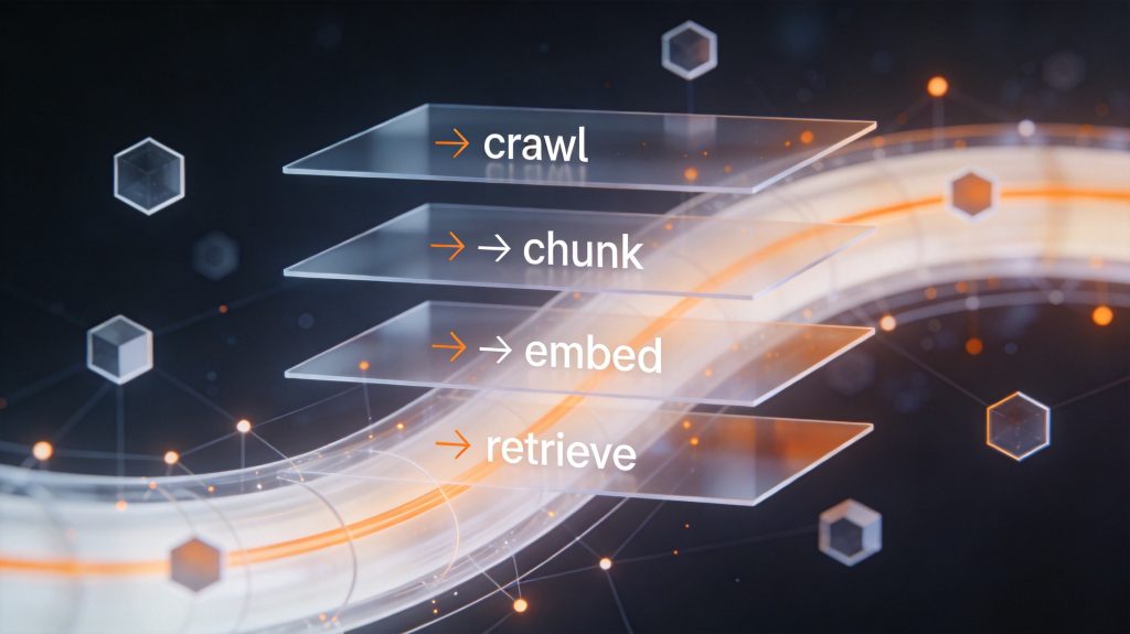 How AI Search Engines Actually Index Your Content: A 4-Stage Engineering Path from Crawling to Vector Retrieval Four translucent layers labeled crawl chunk embed retrieve in a data pipeline visualization