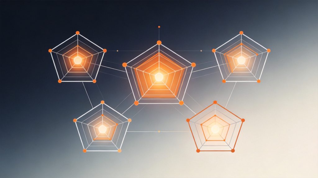 Generative Engine Optimization (GEO): Defining the Boundary, 5 Core Metrics & the Engineering Path Five pentagon radar charts connected in a network for the 5 GEO metrics